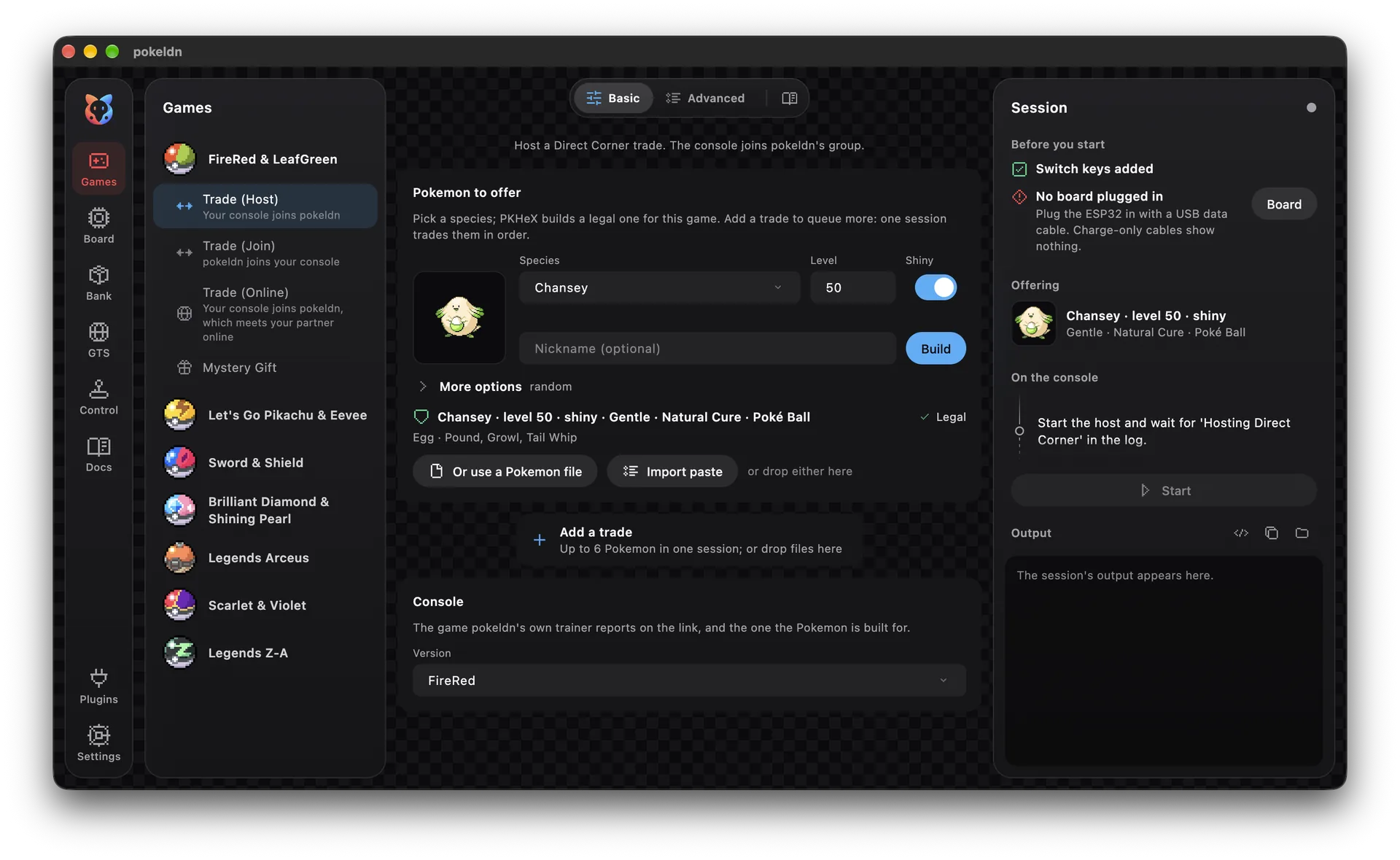 The pokeldn desktop app hosting a FireRed trade, offering a level 50 shiny Chansey